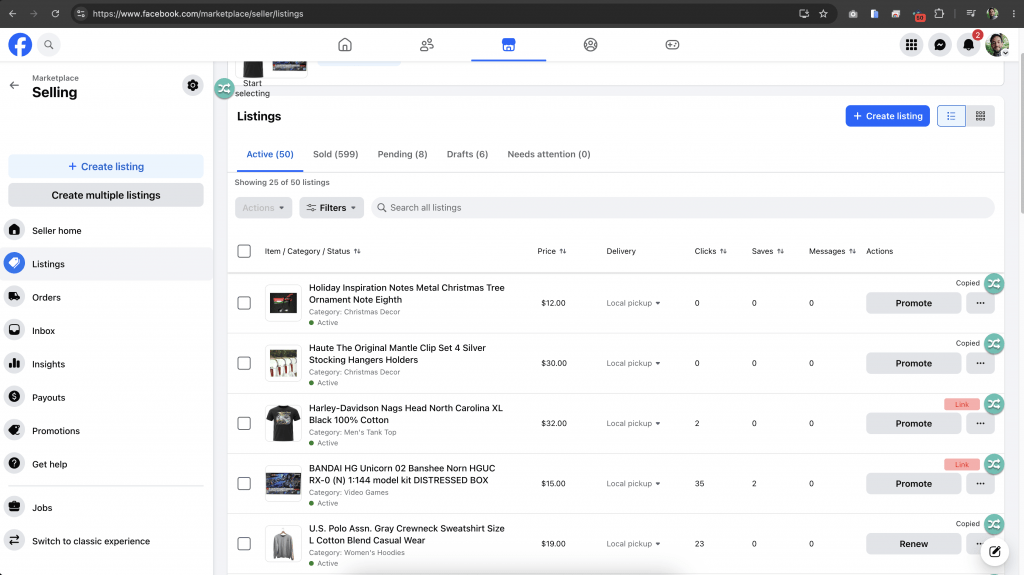 Facebook marketplace seller dashboard on desktop